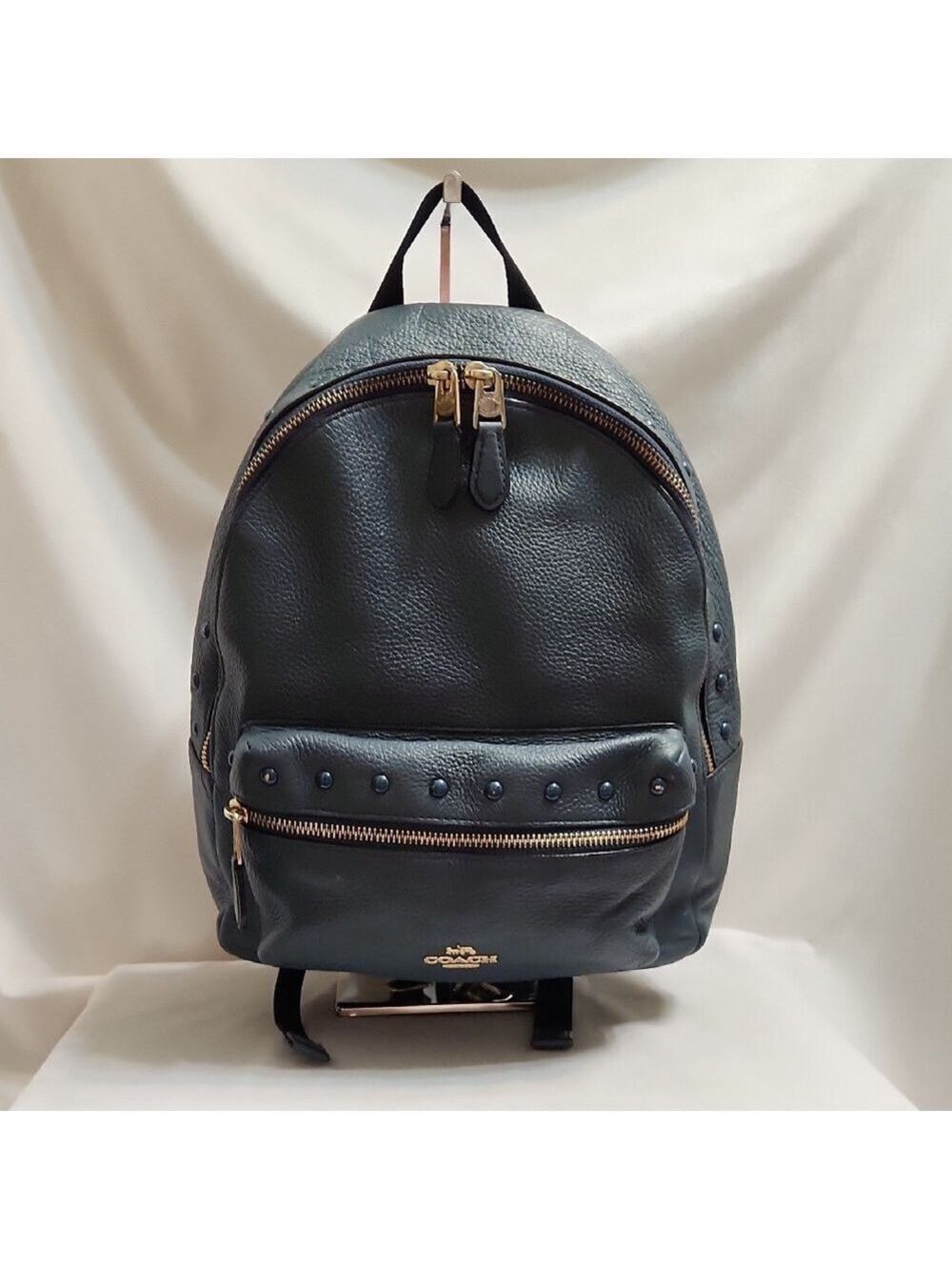 Coach Charlie Double Zipper Leather Backpack With Lacquer Rivets